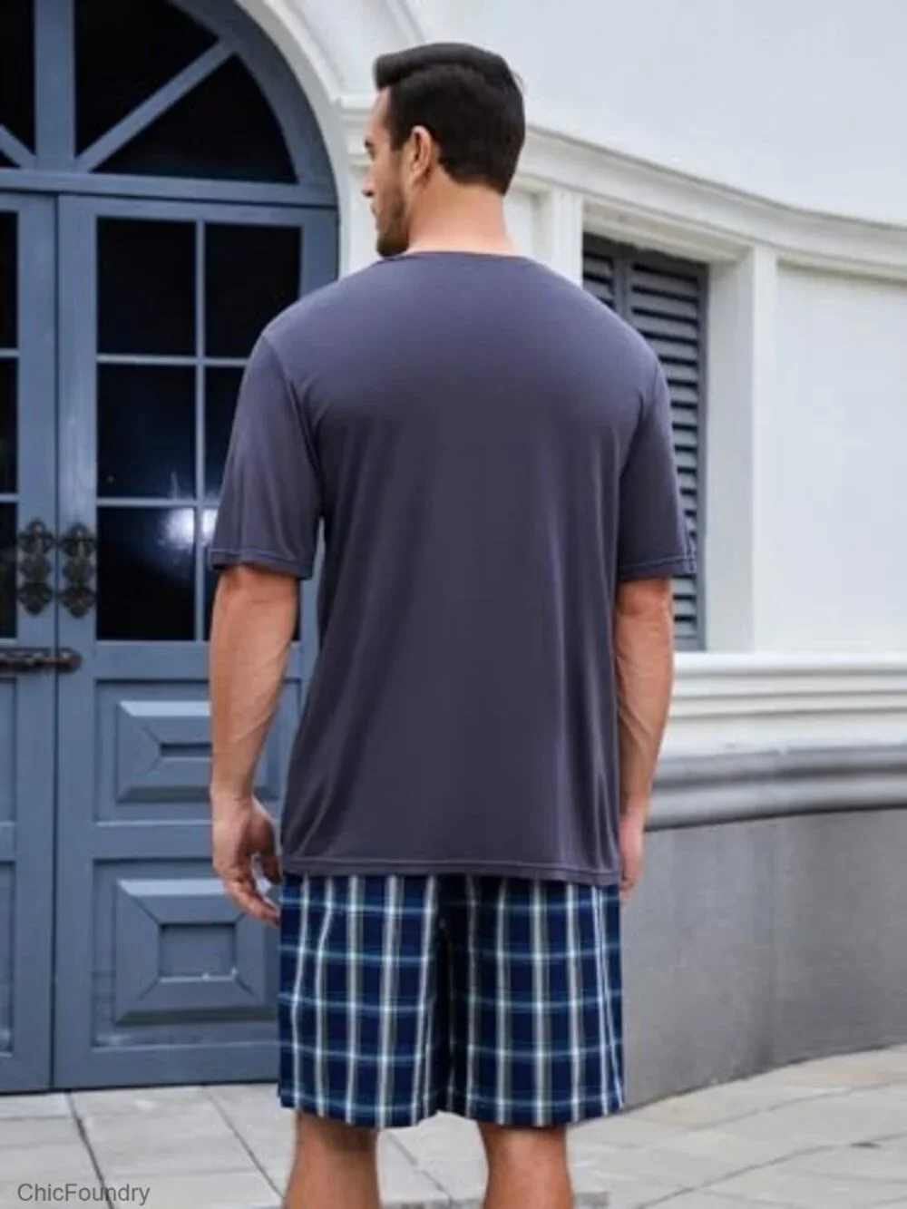 Men's Bamboo Viscose Cotton Pajama Set Short Sleeve Henley Lounge Sleepwear